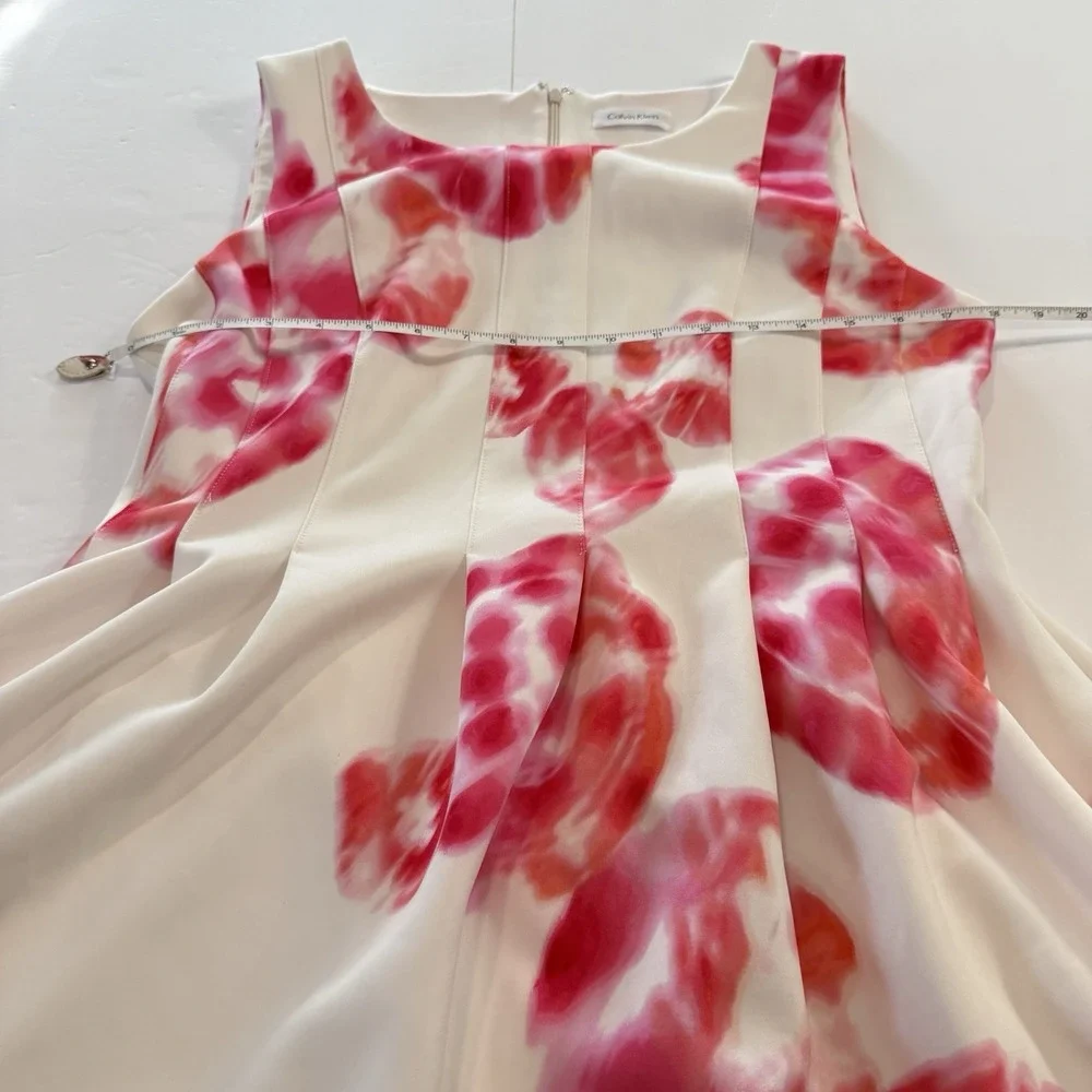 Calvin Klein Pink Tie Dye Floral Scuba Knit‎ Sleeveless Flare Dress Pockets 14